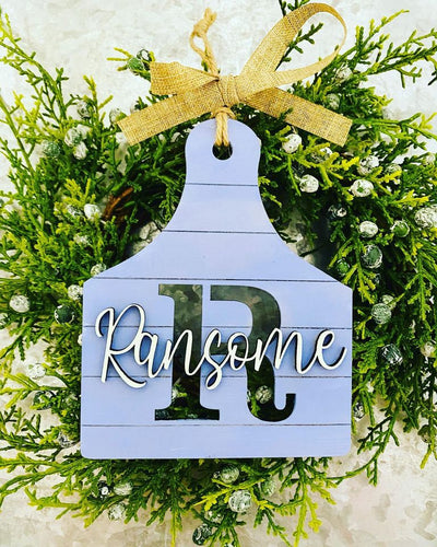 Personalized farmhouse cow tag ornaments